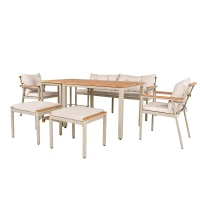 Set tavolo e sedie da pranzo per giardino 6-7 posti, mobili da giardino con poltrone e carrello portavivande rimovibile, Beige+Colore naturale(m-7)