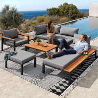 Modular Outdoor Garden Sofa Set with Aluminium Frame, Sturdy Lounge Set with Acacia Wood Coffee Table, 150L x 81.5W x 76H cm, Gray(m-9)