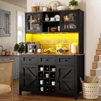 Tall Kitchen Cabinet with Integrated Power Strip and Wine Glass Rack, Stylish Sideboard with Cable Management, 120L x 40W x 170H cm, Black(m-8)