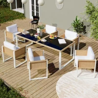 Set da pranzo in polyrattan per 6 persone, piano in vetro temperato, rivestimenti sfoderabili e lavabili, Marrone+Bianco(m-4)
