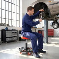 HOMCOM Rolling Mechanical Stool, Pneumatic Adjustable Workshop Stool with Tool Tray, Wheels - Orange(m-2)