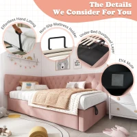 Stylish Upholstered Daybed with Hydraulic Ottoman Storage, L-Shaped Single Sofa Bed with Velvet Fabric, 196L x 100W x 77H cm, Pink(m-7)