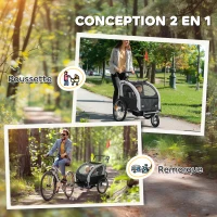 HOMCOM Remorque vélo enfant 2 en 1 avec ceinture de sécurité 5 points, réflecteurs, drapeau et rideau coupe-vent, noir(m-4)