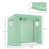 Outsunny Small Walk-in Garden Greenhouse with Steel Frame, Large Roll-up Door and Windows, 200Lx76Wx168Hcm, Green(m-14)