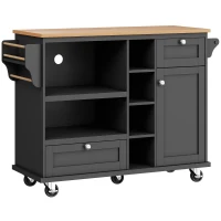Modern Dining Trolley with Drawers, Cupboards and Open Shelving, Mobile Kitchen Cart with Wooden Worktop, 129L x 46W x 92H cm, Black(m-14)