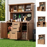 Freestanding Outdoor Cupboard with Drawers, Pegboard and Shelves, Sturdy Storage Cabinet for Kitchen, 120L x 50W x 185H cm, Natural(m-7)