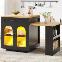 Extendable Kitchen Island with App-Controlled RGB LED Lighting, Versatile Cabinet for Dining or Preparation, 126-196L x 59W x 94H cm, Black(m-9)