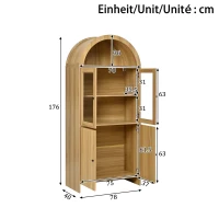 Hohes Sideboard mit Bogendecke, Glasvitrinentüren, Wellenmuster, 78 x 40 x 176 cm, Naturfarbe(m-3)