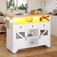 Multifunctional Kitchen Cart with 3 Drawers and 2 Glass-Front Doors, Mobile Kitchen Island with Drop-Leaf Table, 120L x 71W x 98H cm, White(m-8)