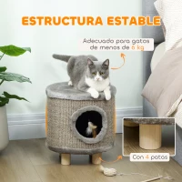 PawHut Casa para Gatos 3 en 1 Taburete Reposapiés Cama para Gatos con Rascador Patas de Madera Pluma 36x36x38 cm Gris(m-7)