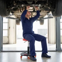 HOMCOM Rolling Mechanical Stool, Pneumatic Adjustable Workshop Stool with Tool Tray, Wheels - Orange(m-8)