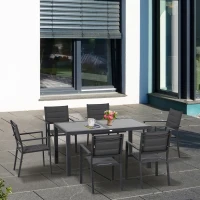 Outsunny Set de Gradina din Aluminiu 7 Piese cu Masa Dreptunghiulara Extensibila si 6 Scaune de Exterior cu Sezuta din Plasa Respirabila, Gri(m-2)