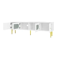 Stylish TV Stand with 2 Glass Doors and Metal Support Legs, Sturdy TV Cabinet for Living Room or Bedroom, 170L x 35W x 50H cm, White(m-13)