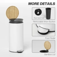 HOMCOM Kitchen Bin, 30 Litre Pedal Rubbish Bin with Removable Bucket, White and Natural(m-7)
