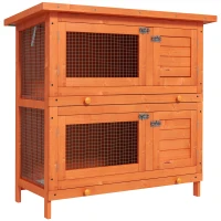 PawHut Conejera de Madera Exterior de 2 Niveles Jaula para 1-2 Conejos Mascotas Pequeñas con Techo Asfáltico Abrible y 2 Bandejas Extraíbles 90x45x90 cm Madera Natural(m-10)