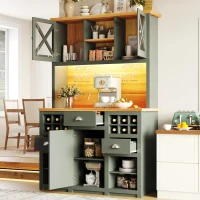 Tall Kitchen Cabinet with Glass Doors and LED Lighting, Versatile Sideboard with Adjustable Shelves, 120L x 45W x 188H cm, Antique Green(m-7)