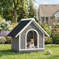 PawHut Niche pour Chien Extérieur Maison pour Chien Corps Entièrement Ouvrant pour Nettoyage Facile 84x101x86 cm Gris et Blanc(m-10)