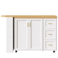 Multifunctional Kitchen Island for Dining & Living Areas, Extendable Bar Cart with 2 Doors & 3 Drawers, 135-228L x 39W x 104H cm, White(m-12)