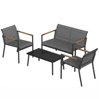 Outsunny 4 Seater Garden Furniture Set with Loveseat, Armchairs, Table, Metal Garden Sofa Set with Breathable Seats, Grey(m-11)