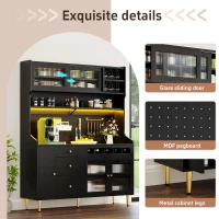 Modern Highboard with LED Lighting & Adjustable Shelves, Freestanding Cabinet with Pull-Out Wine Rack, 145L x 39W x 171H cm, Black(m-4)