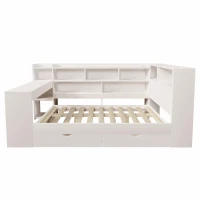Multi-Functional Single Daybed with Bookcase & Computer Desk, Space-Saving Bed Frame with Ergonomic Desk, 63L x 114W x 100H cm, White(m-2)