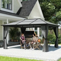 Outsunny 3.6 x 4m Hardtop Gazebo Canopy with Polycarbonate Roof, Aluminium Frame, Permanent Pavilion Garden Gazebo with Netting and Curtains for Patio, Deck, Dark Grey(m-12)