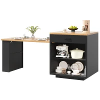 Extendable Kitchen Island with App-Controlled RGB LED Lighting, Versatile Cabinet for Dining or Preparation, 126-196L x 59W x 94H cm, Black(m-10)