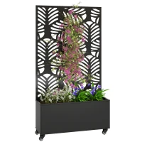Outsunny Jardinera Exterior Grande con Ruedas Pantalla de Privacidad de Hojas de Monstera Marco Metal 90x30x160 cm Negro(m-10)