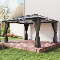 Outsunny 3.6 x 4m Hardtop Gazebo Canopy with Polycarbonate Roof, Aluminium Frame, Permanent Pavilion Garden Gazebo with Netting and Curtains for Patio, Deck, Dark Grey(m-3)