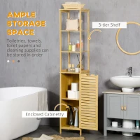 kleankin Szafka łazienkowy, Wysoka szafka, trzy półki, szafka z drzwiczką żaluzjową, zabezpieczenie przed przewróceniem, Bambus, 34 x 30 x 173cm(m-5)