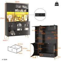 Tall Kitchen Cabinet with Built‑In Power Outlets & 2 USB Ports, Modern Sideboard with App-Controlled LED, 120L x 40W x 176H cm, Black(m-3)