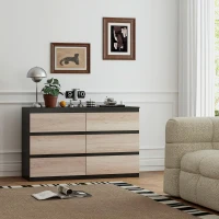 HOMCOM Commode 6 tiroirs meuble de rangement sans poignées design minimaliste 120 x 39 x 75 cm noir et bois naturel(m-7)