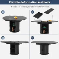 Extendable Dining Table with Curved Sliding Doors and 2 Shelves, Space-Saving Kichen Table for 6 People, 118L x 118W x 76H cm, Black(m-6)