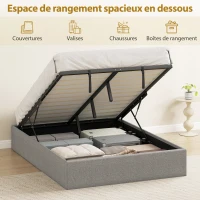 HOMCOM Lit coffre 140 x 190 cm, cadre de lit double rembourré, sommier à lattes en bois, rangement caché, sans bruit, gris(m-4)