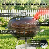 Outsunny barbecue a carbone con griglia esterna rotonda, coperchio, termometro e ruote, Nero(m-5)