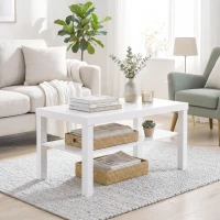 HOMCOM Masă de cafea pentru living, măsuță dreptunghiulară în 2 nivele cu raft de depozitare, 90x45x44,5cm, alb(m-2)