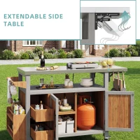 Weatherproof Serving Trolley with Extendable Side Shelf, Outdoor Side Table for Garden Parties, 100-138L x 47W x 92H cm, Natural(m-5)