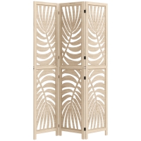 HOMCOM Paravent interieur en bois 3 panneaux 120 x 170 cm, pliable et portable, motif de feuille, design amovible, bois naturel