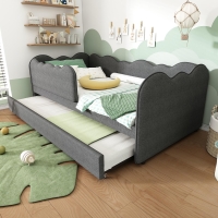 Upholstered Daybed with Pull-Out Trundle & Removable Front Rail, Space-Saving Sofa Bed for Compact Flats, 197L x 99W x 70H cm, Grey