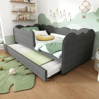 Upholstered Daybed with Pull-Out Trundle & Removable Front Rail, Space-Saving Sofa Bed for Compact Flats, 197L x 99W x 70H cm, Grey(m-1)