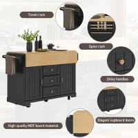 Extendable Kitchen Island with 3 Drawers and Adjustable Shelves, Trolley Cabinet with Double-Sided Drop-Leaf, 120L x 40-80W x 95H cm, Black(m-5)