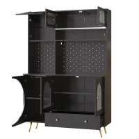 Tall Kitchen Cabinet with Built‑In Power Outlets & 2 USB Ports, Modern Sideboard with App-Controlled LED, 120L x 40W x 176H cm, Black(m-11)
