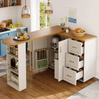 Multifunctional Kitchen Island for Dining & Living Areas, Extendable Bar Cart with 2 Doors & 3 Drawers, 135-228L x 39W x 104H cm, White(m-7)