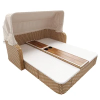 Outdoor Wicker Double Chaise Lounge with Openable Adjustable Canopy, Modern Garden Furniture Set for Patio, 160L x 192W x 137H cm, Beige(m-2)