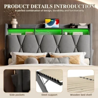 Padded Storage Bed Frame with LED Lighting and USB‑C Charging, Hydraulic Bed with Hidden Storage, 143L x 211W x 116.5H cm, Dark Gray(m-6)
