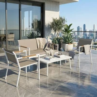 Outsunny 4 Seater Garden Furniture Set with Loveseat, Armchairs, Table, Metal Garden Sofa Set with Breathable Seats, Khaki(m-2)