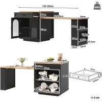Extendable Kitchen Island with App-Controlled RGB LED Lighting, Versatile Cabinet for Dining or Preparation, 126-196L x 59W x 94H cm, Black(m-3)