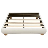 Modern Upholstered Double Bed with Sturdy Slatted Frame, Bouclé Platform Bed with Rounded Modern Legs, 197L x 146W x 30H cm, Beige(m-2)
