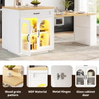 Extendable Kitchen Island with App-Controlled RGB Lighting, Versatile Storage Cabinet with Adjustable Shelf, 126-196L x 59W x 94H cm, White(m-4)