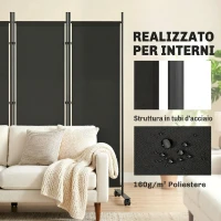 Outsunny Divisorio Decorativo da Interno a 5 Pannelli in Acciaio con 12 Ruote, 252x40x170 cm, Nero(m-7)